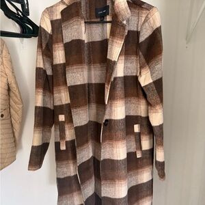 Love Tree Brown and Cream Plaid Pea Coat